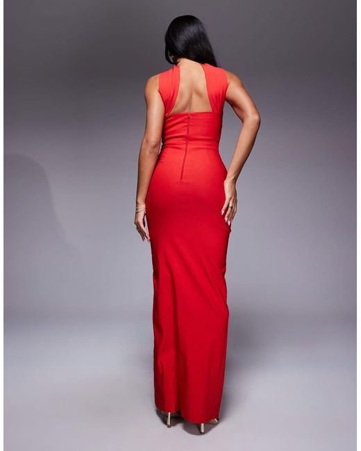 Vesper Red Bengaline Choker Neck Detail Bandeau Side Split Maxi Dress