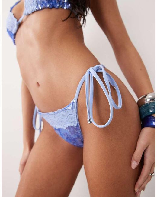 South Beach Blue Sequin Tieside Bikini Bottom With Lace Detail
