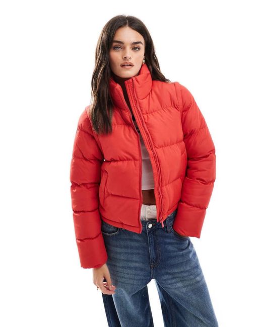 Threadbare Gewatteerd Kort Jack Met Rits En Capuchon in het Red