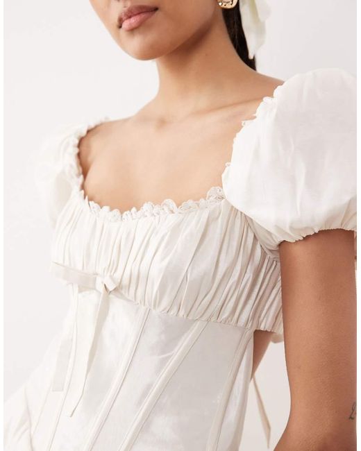 For Love & Lemons Natural Bridal Evaline Puff Sleeve Corset Bow Detail Open Back Mini Dress