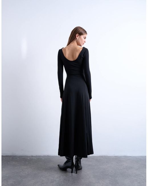 TOPSHOP Long Sleeve Scoop Back A-Line Maxi Dress in Black | Lyst