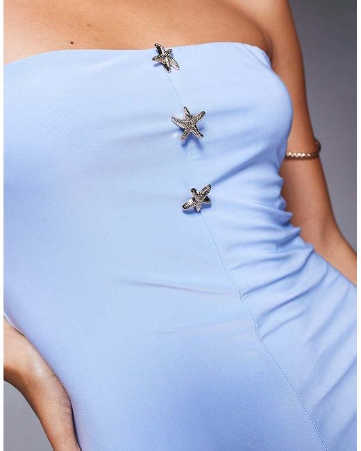 Fashionkilla Blue Double Sculpted Slinky Bandeau Mermaid Hem Starfish Metal Detail Maxi Dress