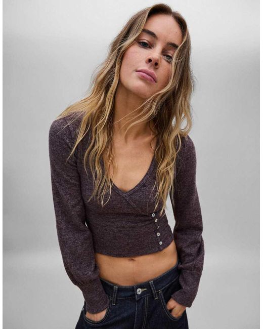 Bershka Gray V-Neck Button Jumper