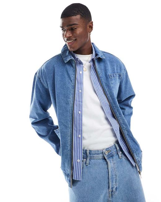 Another Influence Blue Zip-up Denim Shacket for men