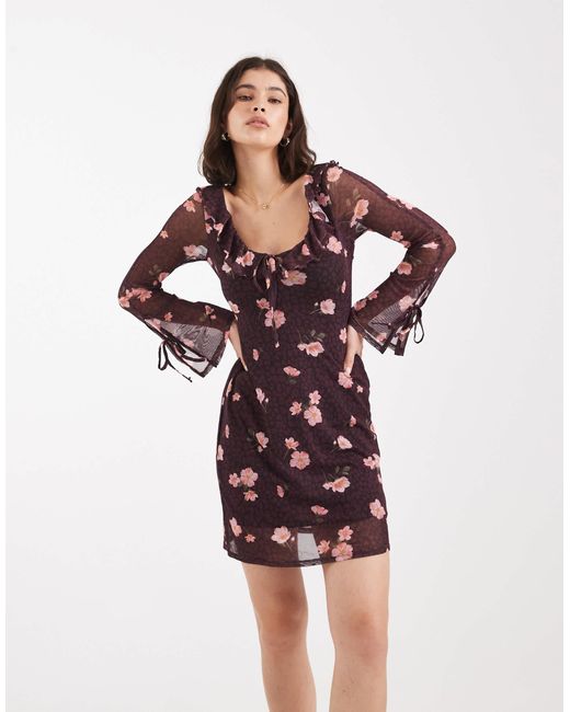New Look Red Floral Mesh Long Sleeve Mini Dress