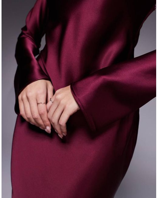 DASKA Purple Satin Bias Long Sleeve Seam Detail Maxi Dress