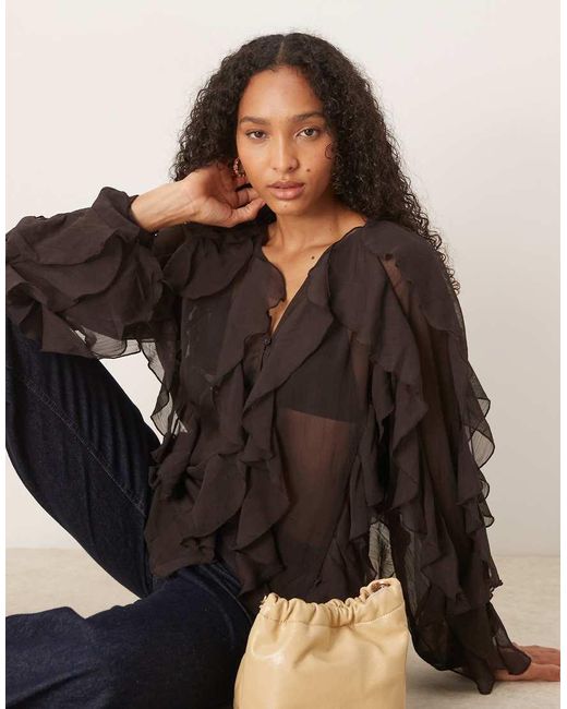 Glamorous Black V-Neck Button Front Ruffle Blouse
