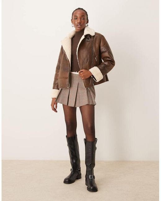 Pimkie Natural Leather Look Borg Collar Aviator Jacket