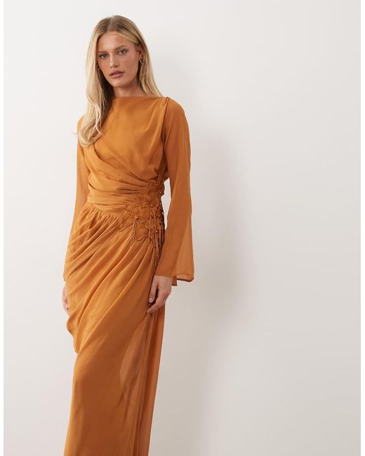ASOS Brown Chiffon Maxi Dress With 3d Embroidered Flower Hip Detail