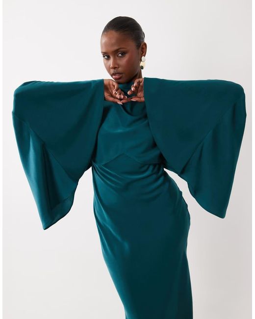 ASOS Blue Funnel Neck Satin Maxi Dress With exaggerated Sleeves