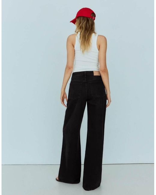 Bershka Black Petite Wide-Leg Cross-Waist Jeans