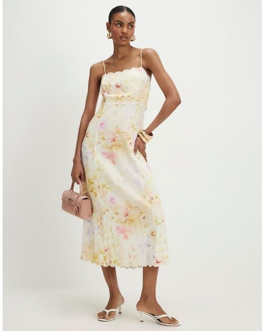 River Island Natural Linen Blend Floral Scallop Midi Dress