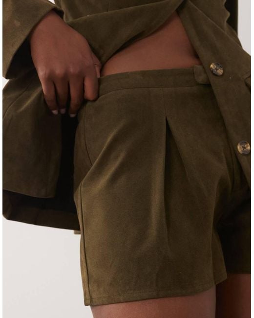 Kaiia Natural Exclusive Faux-suede Pleat Front Micro Shorts