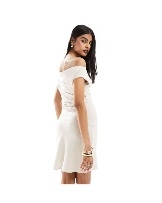 ASOS White Linen Look Bardot Bias Cut Mini Dress With Waist Gathers