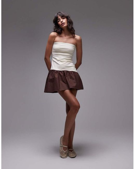 TOPSHOP Brown Bandeau Poplin Mix Mini Dress