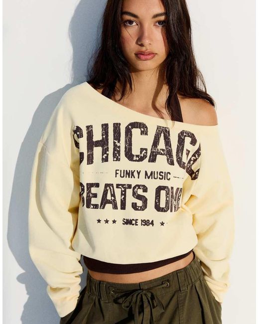 Bershka Natural Double Asymmetric Neck Sweatshirt
