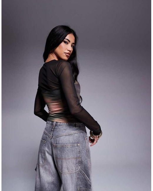 ASOS Top Van Mesh Met Lange Mouwen En Rouleau-Knoopje in het Gray