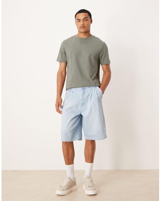 ASOS Natural Long Length Double Pleated Denim Jort for men