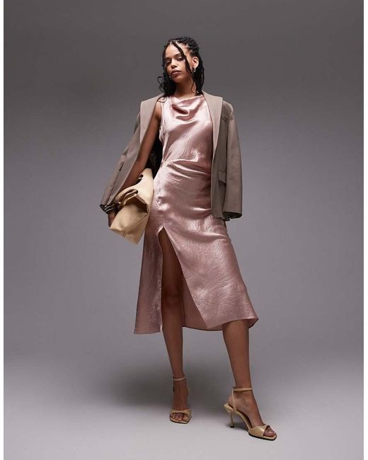 & Other Stories Brown Sleeveless Hammered Satin Midaxi Dress With Drape Detail And Thigh Split