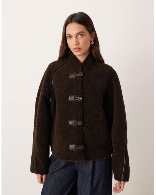 Mango Black Borg Collarless Reversable Jacket With Toggles