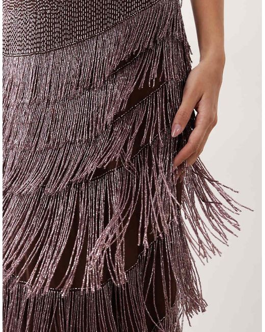 ARRANGE Blue Beaded Fringe Plunge Cowl Maxi Dress