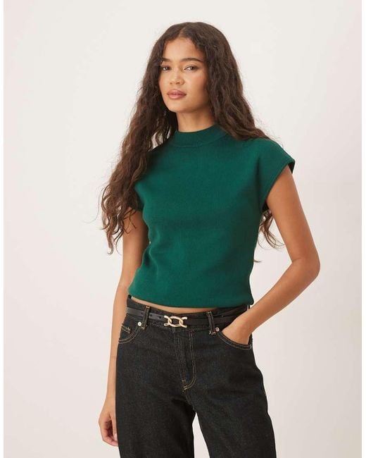 Mango Green Knitted High Neck Cap Sleeve Top