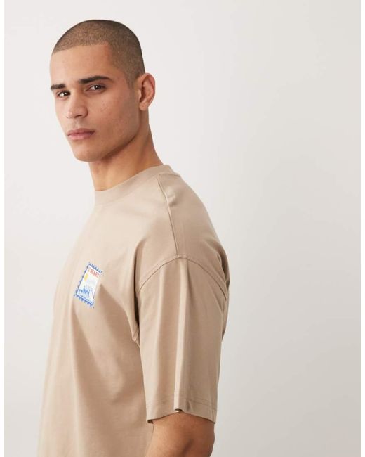 SELECTED Natural Oversized T-shirt With Small Stamp Print for men