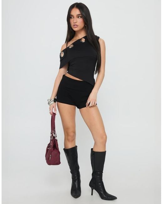 Princess Polly Black Noteworthy Eyelet Detail Asymmetric Off Shoulder Fold Over Top