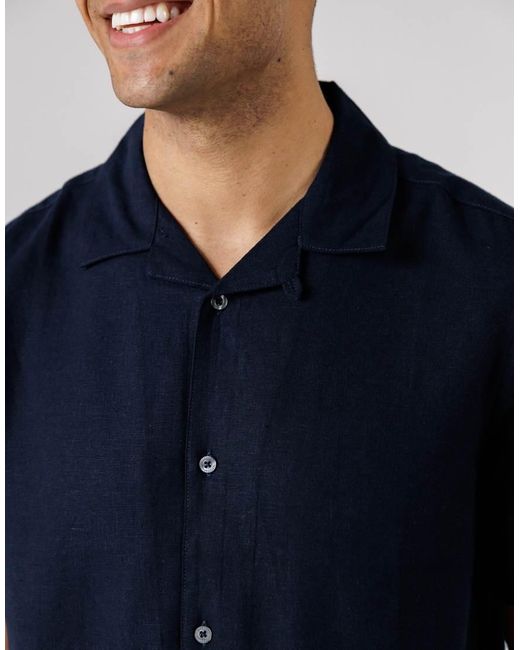 French Connection Blue Linen Blend Short Sleeve Revere Collar Shirt for men