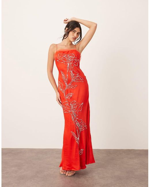 ARRANGE Red Floral Embellished Cami Maxi Dress With Low Back