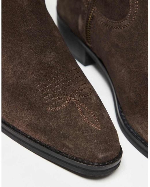 ASOS Brown Cuban Boot Suede With Western Stitching for men