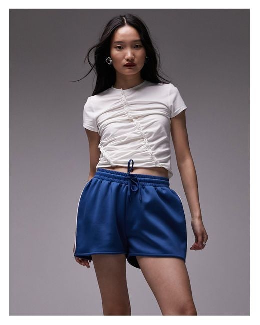 TOPSHOP Blue Ruched Frill Short Sleeve Tee