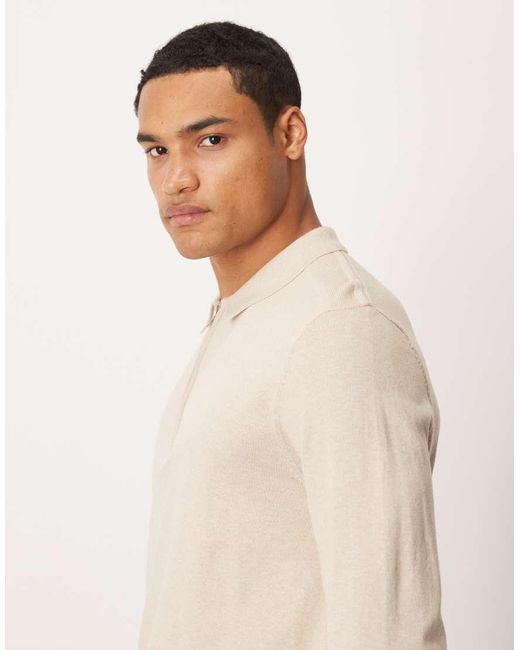 SELECTED Natural 100% Cotton Long Sleeve Half Zip Polo for men