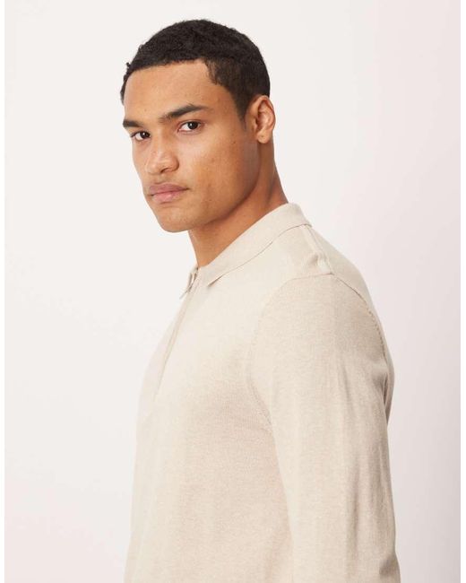 SELECTED Natural 100% Cotton Long Sleeve Half Zip Polo for men