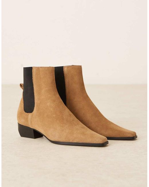 Mango Natural Suede Square Toe Low Heeled Western Ankle Boot