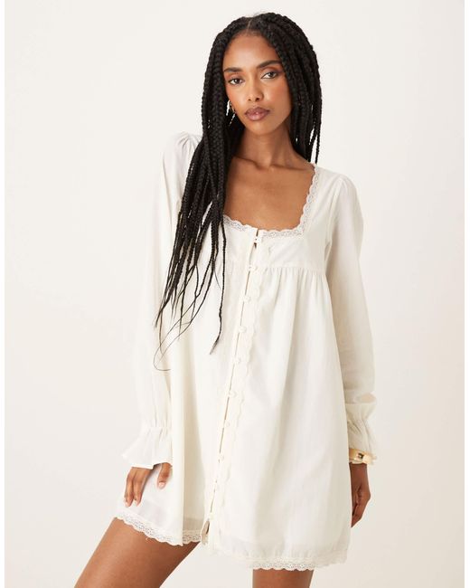 ASOS Natural Cotton Lace Trim Long Sleeve Babydoll Mini Dress