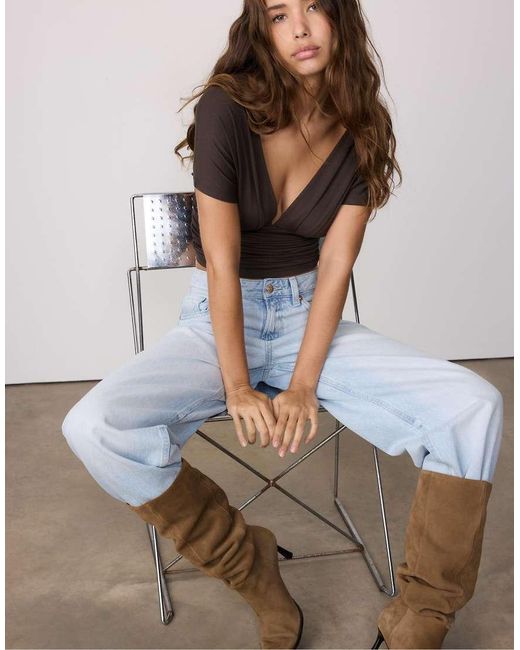 Stradivarius Brown Top With Gathered V-neckline