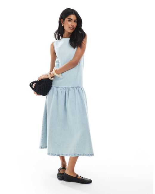 ASOS Blue Denim Sleeveless Midi Dress With Drop Waist