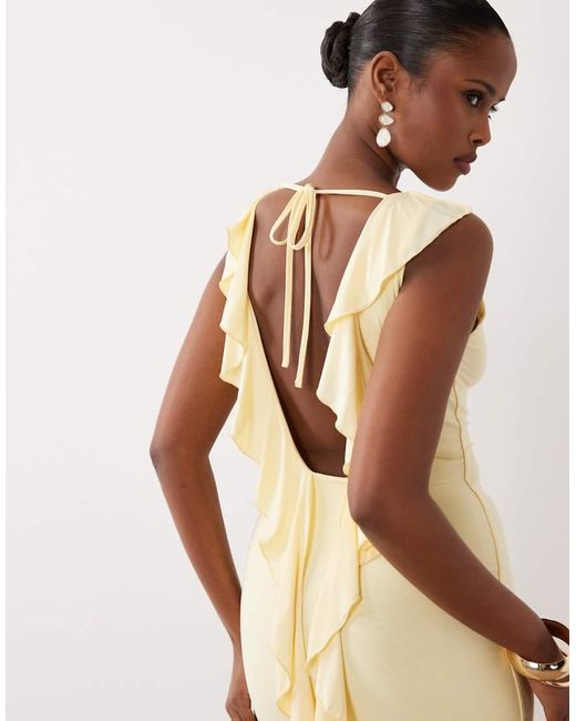 Kaiia Natural Exclusive Slinky High Neck Ruffle Hem Open Back Mini Dress