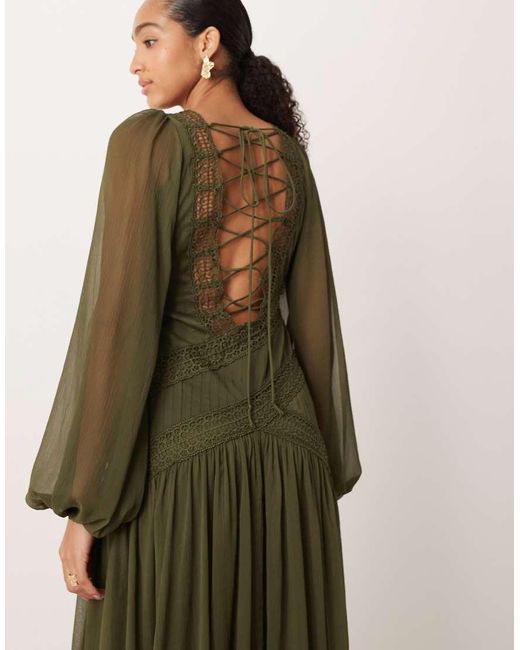 ASOS Green Long Sleeved Asymmetric Neckline Maxi Dress With Lace Trim