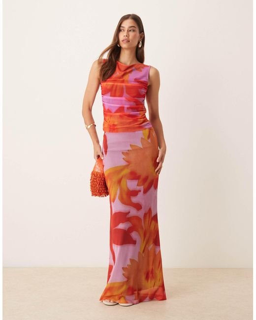 ASOS Orange Mesh Oversized Tropical Floral Slash Neck Co Ord Top