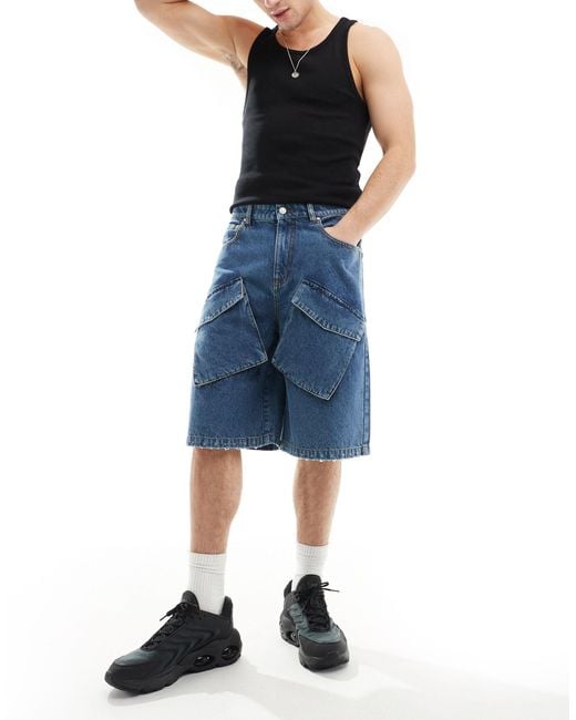 ASOS Blue Longer Length Denim Shorts With Cargo Detail for men