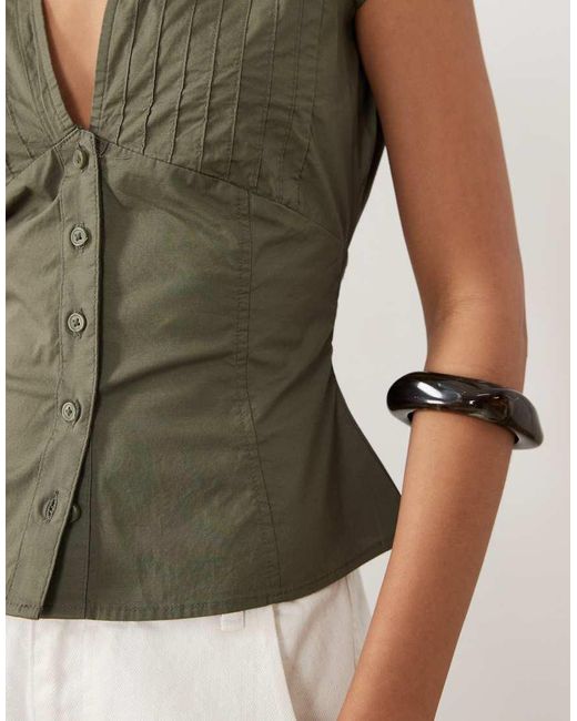 Gina Tricot Green Cinched Waist Short Sleeve Blouse