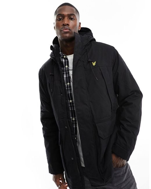 Lyle Scott Icon Logo Microfleece Hooded Parka Coat in Black for