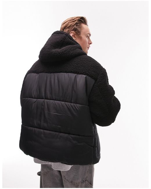 Topman Black Puffer Jacket With Borg Panelling for men