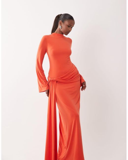 DASKA Red Slinky Long Sleeve High Neck Twist Drape Detail Maxi Dress