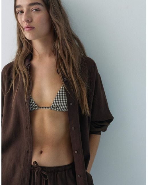 Pull&Bear Brown – langärmliges hemd aus leinenmix