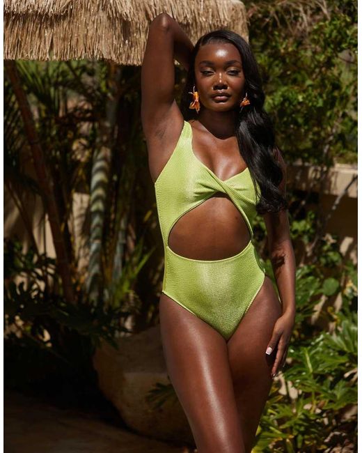 Costume Da Bagno Stropicciato Con Cut-Out E Incrocio Sul Davanti di South Beach in Green