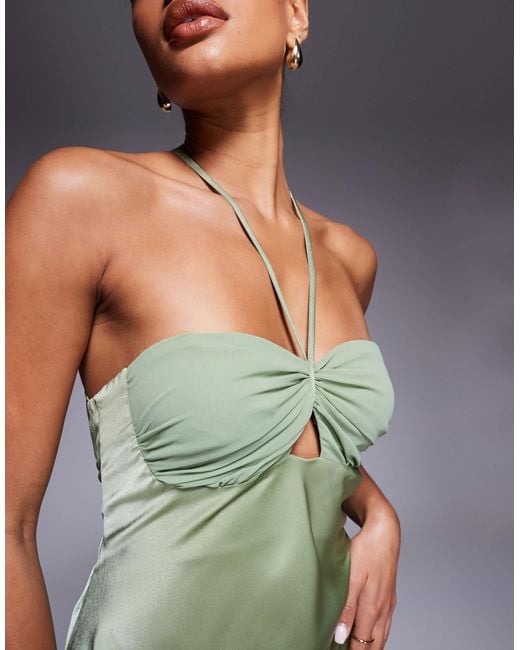 ASOS Green Satin Strappy Halter Maxi Dress With Contrast Bust
