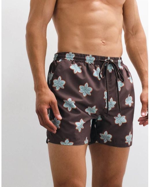 South Beach Brown Flower Motif Swim Shorts for men